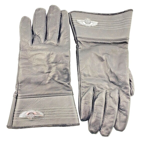 HARLEY DAVIDSON Women's L Leather Motorcycle Riding Biker Gloves 100 Logo BLACK - Picture 1 of 4